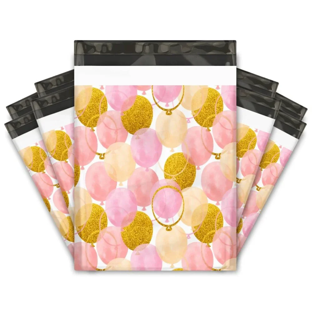 25 10x13 Pink and Gold Balloons Designer Poly Mailers Shipping Envelopes